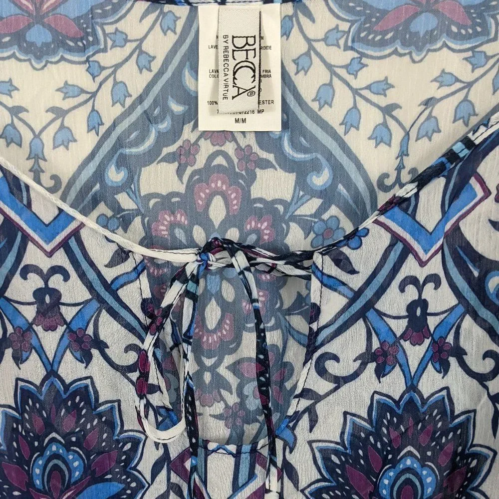 Becca by Rebecca Virtue Swimsuit Cover-Up Blue White Sheer Lotus Flower Medium